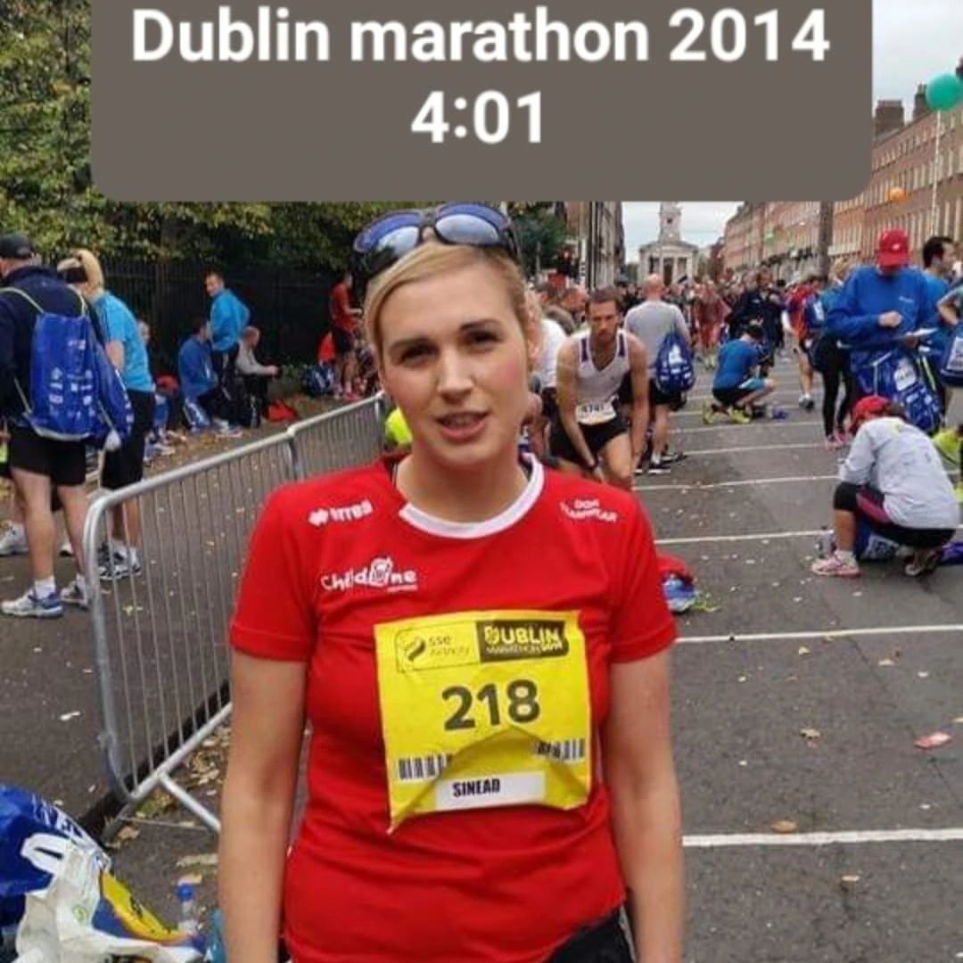 Sinead in red ISPCC Childline top