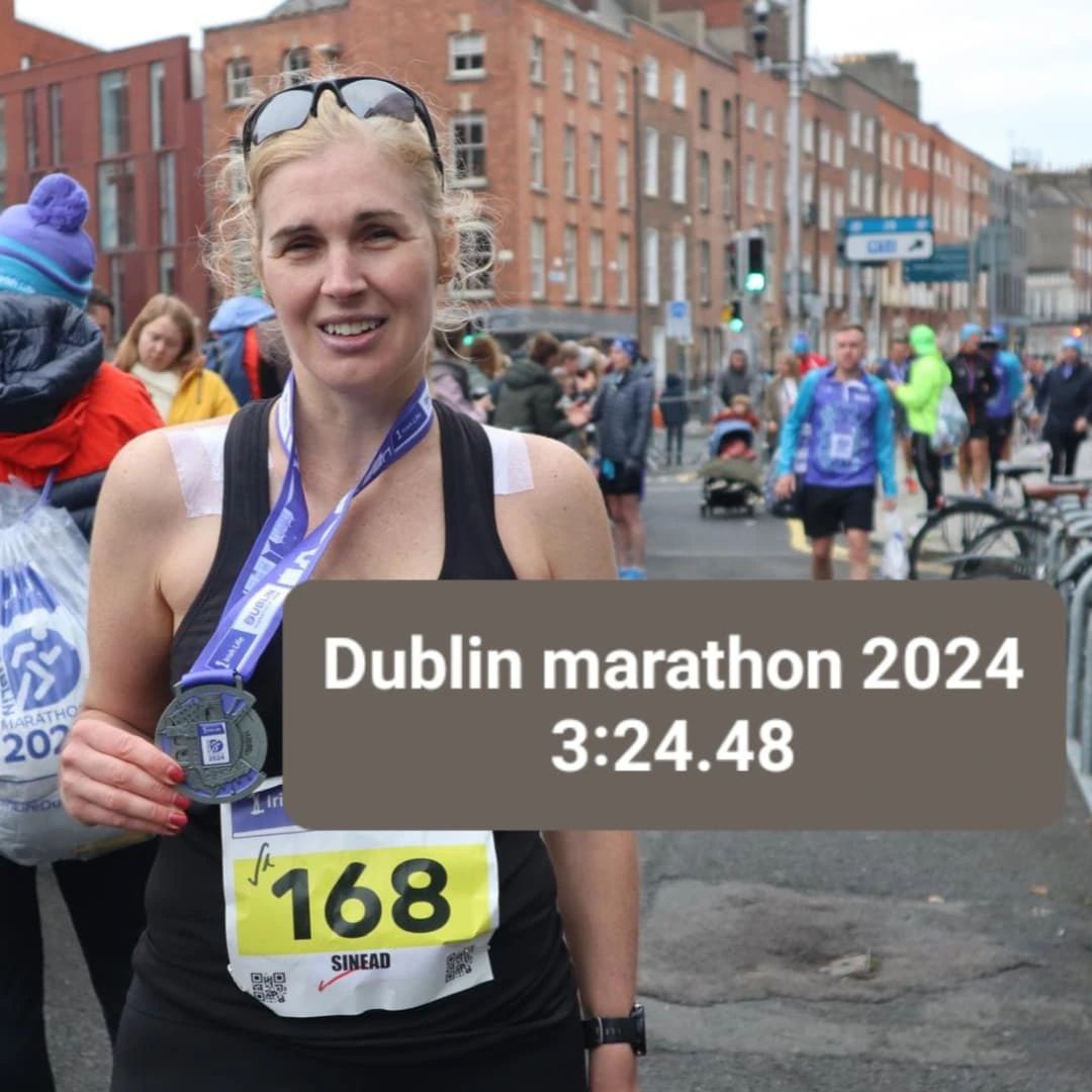 Sinead in black top at the finish of Dublin Marathon